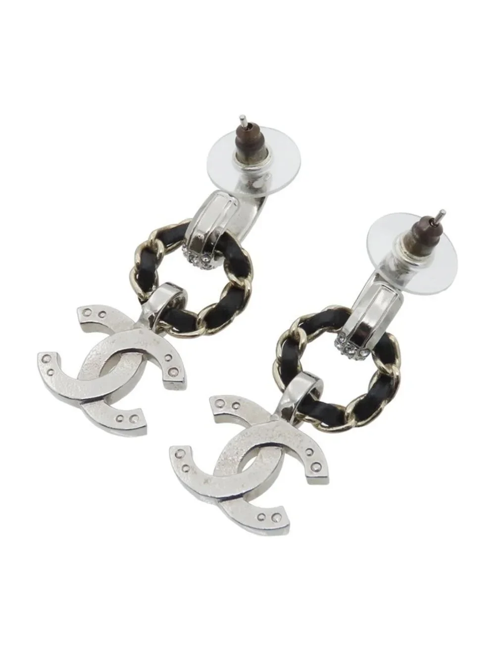 Chanel Earrings Silver Gold Metal Leather Rhinestone CC Logo Costume